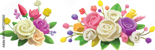 Collection of stylized floral arrangement in clay art 3D render illustration, colorful decorative flower bouquet graphic vector digital asset, handmade roses craft design plastic sculpted, cute card 