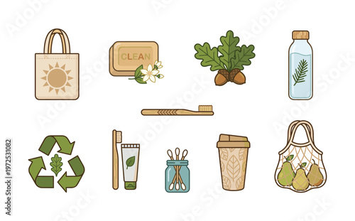 Set of eco-friendly, zero waste lifestyle icons. Vector collection of reusable products for sustainable living, natural hygiene and conscious consumption concept.