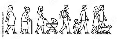 A collection of diverse people walking icons. Includes family, senior, pregnant woman, and a couple with a dog. Minimalist line art for community and lifestyle.