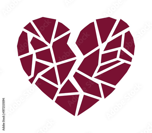 A shattered heart vector icon symbolizing heartbreak, pain, and loss. This geometric design represents a breakup, divorce, or emotional distress.