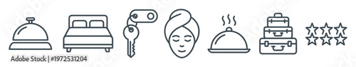 A set of simple line icons for hotel services and travel. Vector symbols for booking apps, websites, and tourism concepts. Includes bed, key, spa, and food.