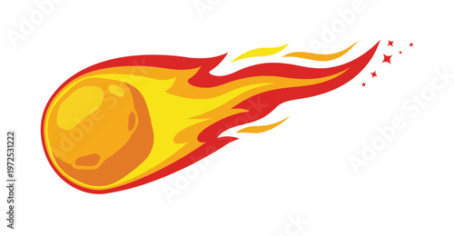 A dynamic cartoon fireball or comet with a fiery tail. This energetic vector illustration is perfect for logos, icons, and symbols of speed, power, and energy.