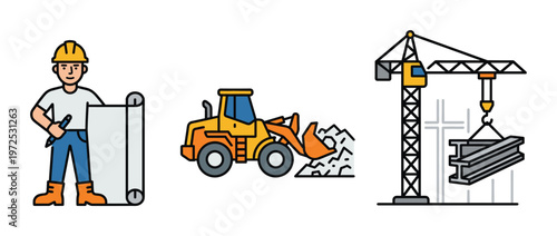 Set of construction industry vector icons. Includes an engineer with blueprints, a front loader, and a tower crane. Perfect for building and engineering themes.