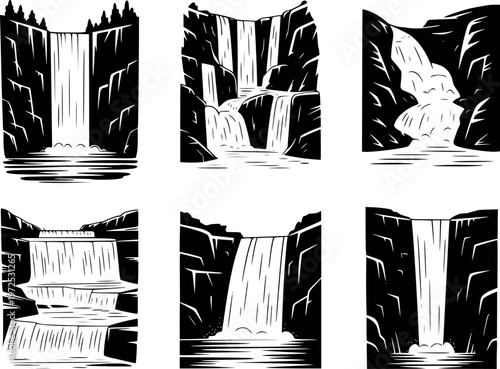 Collection of stylized black and white waterfall with rocky cliffs and water cascades
