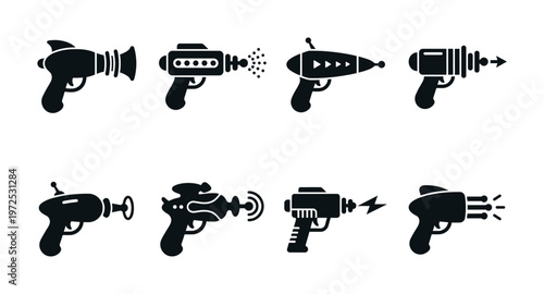 A set of retro sci-fi laser gun blaster icons. This futuristic vector collection of black weapon silhouettes is perfect for games, comics, and vintage design projects.