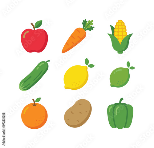 A colorful set of nine fruit and vegetable vector icons. Flat design style for healthy food, nutrition, grocery, and diet concepts. Perfect for web and print.