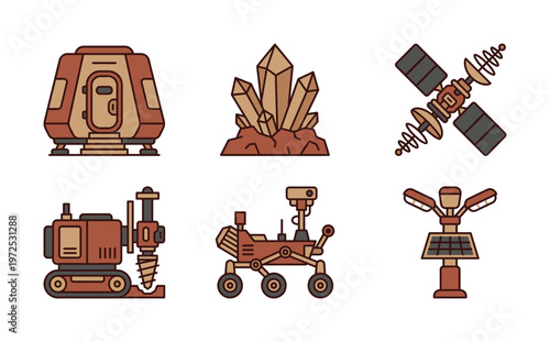 Set of vector icons for a Mars colonization mission. Includes rover, habitat, satellite, and mining equipment. Perfect for sci-fi, games, and educational projects.