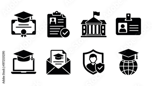 A collection of university education and student life icons. Includes diploma, student ID, and online learning symbols. Perfect for web design, apps, and presentations.