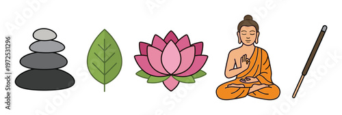 A vector set of Zen icons for meditation and wellness. Includes Buddha, lotus, stones, leaf, and incense for spiritual or spa designs.