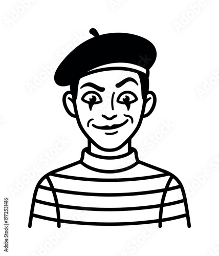 A black and white vector illustration of a classic French mime artist. The character wears a beret and striped shirt, with a playful smile. Ideal for entertainment.