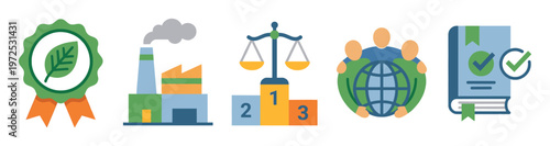 A set of flat vector icons representing ESG concepts. Includes symbols for environment, social responsibility, and corporate governance for business reports.