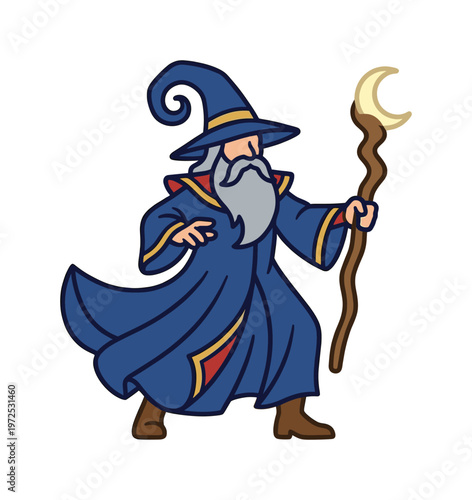 A cartoon wizard character with a grey beard in a blue robe holds a magic staff. A powerful sorcerer mascot for fantasy, gaming, or logo design.