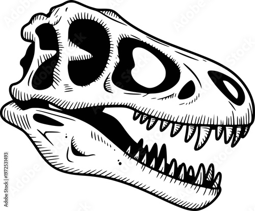 Detailed black and white of a dinosaur skull with sharp teeth a white background
