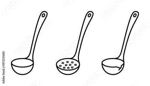 A set of three kitchen ladles, including a skimmer and pouring spoon. Simple black line art icons perfect for cooking blogs, recipes, and culinary branding. Vector.
