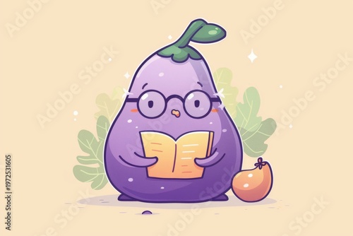 Cute cartoon eggplant with glasses reading a book