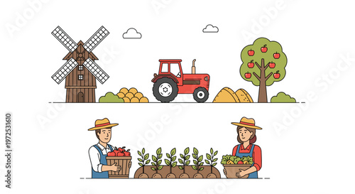 Diligent male and female farmers carry baskets of fresh produce in front of a rural landscape featuring a classic windmill and a red tractor in a clean vector style.