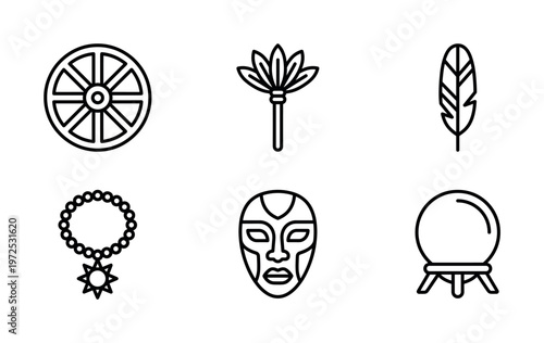 A set of mystic and tribal vector icons. Includes a shamanic mask, crystal ball, and esoteric amulet. Perfect for spiritual or magical themed web and app design.