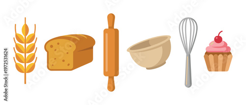 A collection of baking icons including bread, cupcake, and utensils. Vector set for bakery, cooking blog, or culinary design projects.