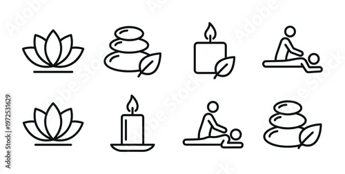 A set of minimalist line icons for spa, wellness, and relaxation. Includes lotus, zen stones, candle, and massage symbols. Perfect for beauty and health concepts.