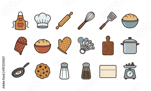 A colorful set of cartoon icons featuring kitchen tools and baking equipment. Perfect vector illustrations for cooking blogs, recipes, restaurant menus, or app design.