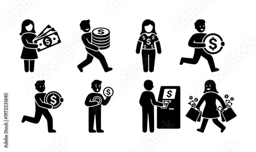 A set of black vector icons showing people with money. Includes concepts like earning, spending, saving, wealth, and shopping. Perfect for financial presentations.