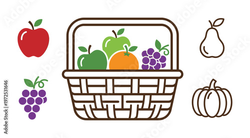 A vector set of fruit icons including a basket, apple, grapes, and pear. Flat design for healthy food concepts, grocery branding, or autumn harvest themes.