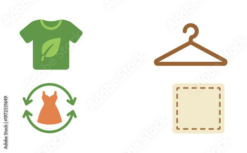 A set of vector icons for sustainable fashion. Includes eco clothing, recycling, hanger, and textile symbols. For ethical fashion and conscious consumerism concepts.