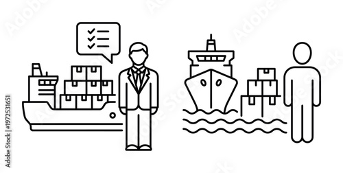 A set of line icons for shipping logistics and supply chain. A businessman inspects cargo on a ship. Represents international trade and freight transport.