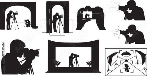 Photographer at work in various settings silhouettes