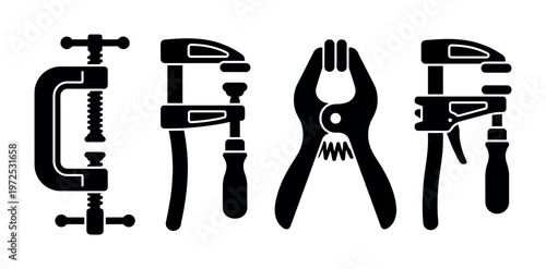 A set of four black silhouette clamp tool icons. Includes C-clamp, bar clamp, and spring clamp for woodworking, carpentry, or DIY projects. Vector illustration.
