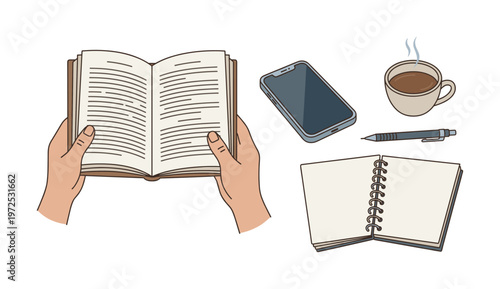 Cozy illustration set with hands reading a book, coffee, smartphone, and notebook. Ideal for blogs, education, and work from home themes. Vector art.