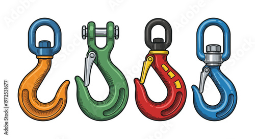 Set of colorful industrial lifting hooks. Vector illustration of machinery parts for construction, hoisting and rigging. Heavy duty equipment concept.