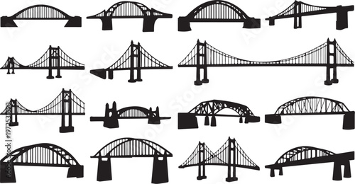 Various bridge silhouettes on white background illustration