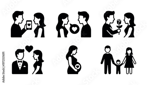 A vector icon set illustrating the stages of a relationship and family life. Includes dating, marriage, pregnancy, and parenthood symbols. For web and print.