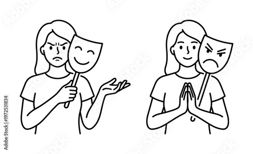 A woman hiding her true feelings behind a mask. Minimal line art concept for mental health, psychology, hypocrisy, fake emotions, and personality disorder.