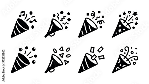 A set of black party popper vector icons. Exploding confetti and streamers for celebration, holiday, and party themes. Perfect for web, app, and graphic design.