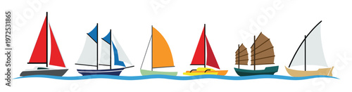 A set of various colorful boat and ship icons sailing on the sea. A vector illustration for travel, regatta, or nautical design.