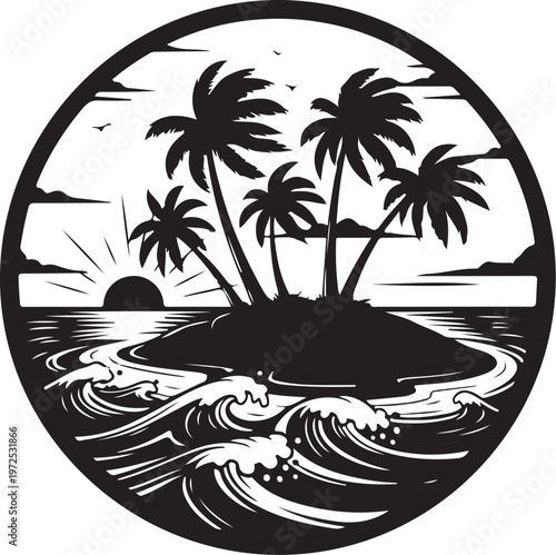 Black and White Tropical Island Sunset Scene