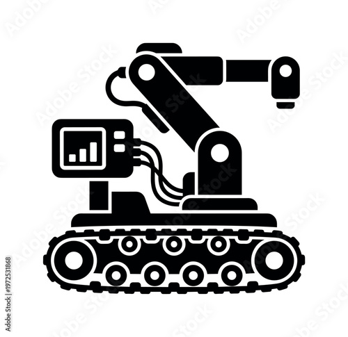 A black vector icon of a mobile industrial robot with a manipulator arm on tracks. Symbolizes automation, technology, engineering, and artificial intelligence.