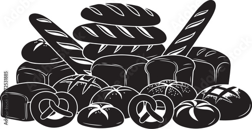 Assorted breads and rolls in black and white