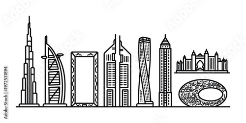 Dubai city skyline illustration. Set of famous landmarks and buildings. Modern black line art icons for travel, tourism, and design projects. Vector graphic.