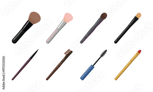 A set of various makeup brushes and cosmetic tools. Vector collection for beauty, fashion, and glamour concepts. Perfect for salons or makeup artist branding.