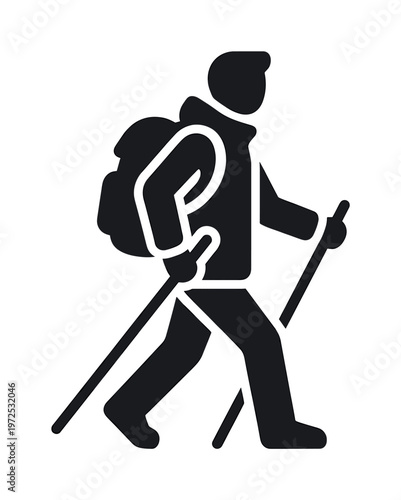 A black silhouette icon of a hiker with a backpack and trekking poles. Vector graphic for travel, adventure, outdoor recreation, and trekking themes.