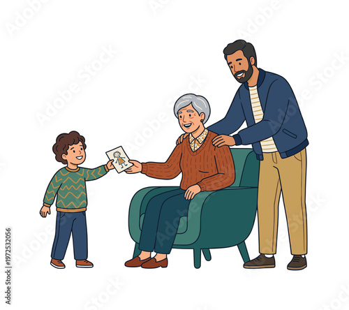 A heartwarming illustration of a boy giving a drawing to his grandma with his dad. A concept of family love, care for elders, and intergenerational connection.