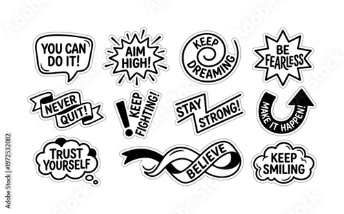 A vector set of motivational lettering stickers. Black and white inspirational quotes for design, social media, and prints. Positive, hand-drawn typography.