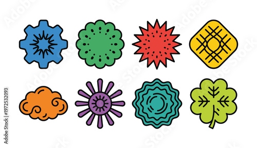 A set of eight colorful abstract shapes and icons. Playful vector doodle style perfect for graphic design, stickers, branding, and web elements.