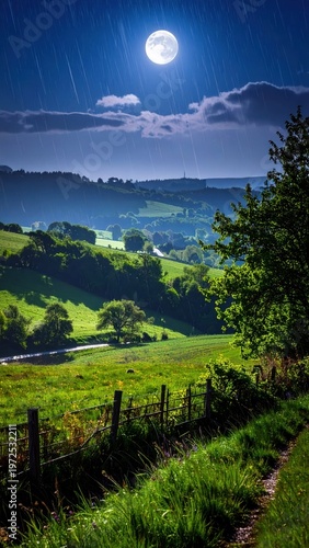 Tranquil Moonlit Landscape with Rain and Lush Green Hills