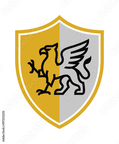 A modern vector illustration of a heraldic griffin on a gold and silver shield. Perfect for a logo, emblem, or crest representing strength, power, and nobility.