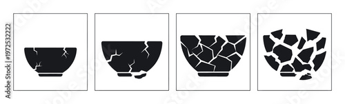 A conceptual vector illustration showing the process of a bowl cracking and shattering. This sequence represents breakdown, failure, fragility, or stages of a crisis.
