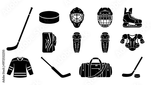 Ice Hockey Equipment Silhouette Icon Set – Stick, Puck, Helmet, Skates and Protective Gear